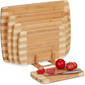 Chopping Boards with Stand, Set of 5 in Various Sizes up to 50 x 35 cm, Bamboo Cutting Mat, Kitchen, Natural - Relaxdays