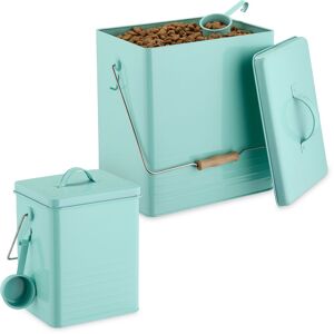 Food Storage Box, Set of 2, Different Sizes, with Lid, Spoon & Handle, Iron, Store Dry Pet Feed, Turquoise - Relaxdays