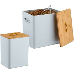 Food Storage Box, Set of 2, Different Sizes, with Bamboo Lid & Spoon, Iron, Store Dry Pet Feed, White/Natural - Relaxdays