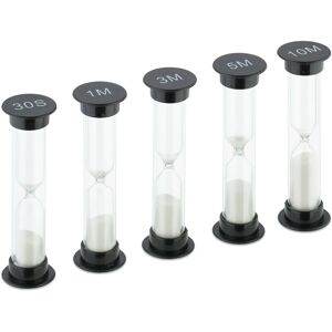 Hourglass Set, 5-Piece, Sand Timer, 30 sec, 1/3/5/10 min, h x d: 9 x 2.5 cm, Children, Cooking, Black/White - Relaxdays