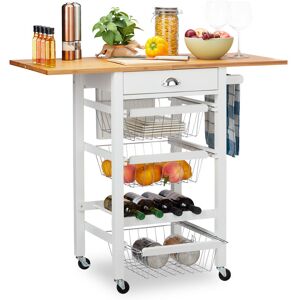 Kitchen Trolley with Folding Top, Country Style, 3 Baskets, Knife Block, Bottle Rack, Butler, White - Relaxdays