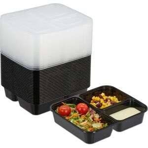 Meal Prep Containers, Set of 24, 3 Compartments, Microwave-Safe, BPA-Free, Reusable, Plastic Lunch Box, Black - Relaxdays
