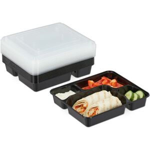 Meal Prep Containers, Set of 10, 4 Compartments, Microwave-Safe, 1000 ml, Reusable, Plastic Lunch Box, Black - Relaxdays