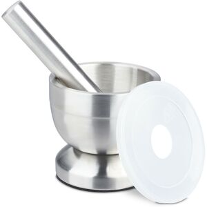 Mortar & pestle, stainless steel, lid, spice crusher, herb grinder, skid-proof, 10cm diameter, 200 ml, silver - Relaxdays