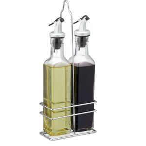 Oil & Vinegar Dispenser, Pour Spout, 2 in 1 Kitchen Accessory, Bottles with Holder, 2 x 250 ml, Transparent - Relaxdays