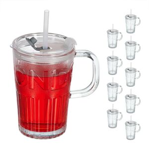 Set of 10 Glass Cups, Drinking Glasses with Lid & Straw & Handle, Vol. 450 ml, Transparent - Relaxdays
