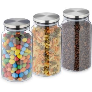 Set of 3 Storage Jars, 1000ml, Steel Airtight Lids, Dry Food Storage, Glass, HxD: 18x10cm, Transparent/Silver - Relaxdays