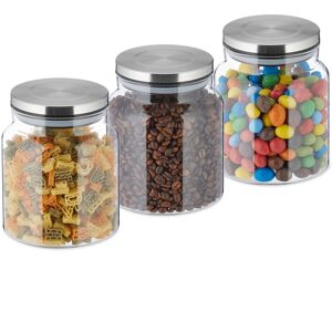 Set of 3 Storage Jars, 1100ml, Steel Airtight Lids, Dry Food Storage, Glass, HxD: 14x12cm, Transparent/Silver - Relaxdays