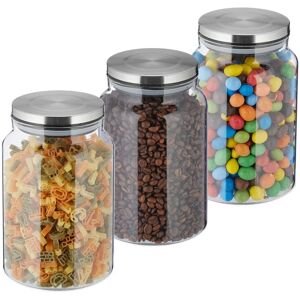 Set of 3 Storage Jars, 1500ml, Steel Airtight Lids, Dry Food Storage, Glass, HxD: 19x12cm, Transparent/Silver - Relaxdays