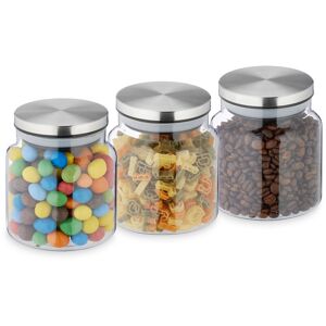 Set of 3 Storage Jars, 500ml, Steel Airtight Lids, Dry Food Storage, Glass, HxD: 11x10cm, Transparent/Silver - Relaxdays