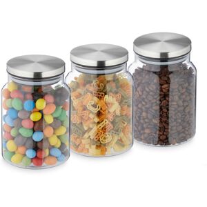 Set of 3 Storage Jars, 700ml, Steel Airtight Lids, Dry Food Storage, Glass, HxD: 14x10cm, Transparent/Silver - Relaxdays