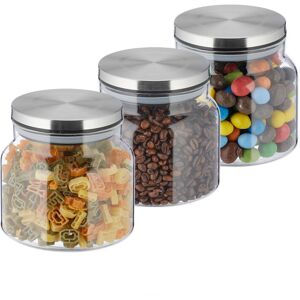 Relaxdays Set of 3 Storage Jars, 850ml, Steel Airtight Lids, Dry Food Storage, Glass, HxD: 11x12cm, Transparent/Silver