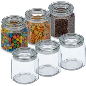 Set of 6, Storage Jars, Airtight Lids, 1300ml, Dry Food Storage, hwd: 14.5x13.5x13.5 cm, Glass, Transparent - Relaxdays