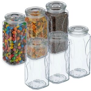 Set of 6, Storage Jars, Airtight Lids, 1300ml each, Dry Food Storage, hwd: 22.5x9.5x9.5 cm, Glass, Transparent - Relaxdays