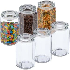 Set of 6, Storage Jars, Airtight Lids, 2400ml, Dry Food Storage, hwd: 22.5x13.5x13.5 cm, Glass, Transparent - Relaxdays