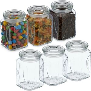 Set of 6, Storage Jars, Airtight Lids, 750ml each, Dry Food Storage, hwd: 14.5x9.5x9.5 cm, Glass, Transparent - Relaxdays