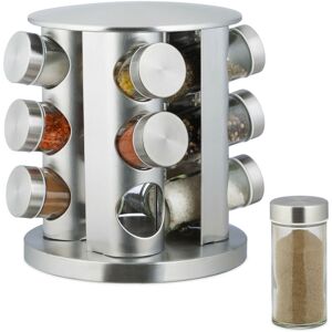 Spice Rack with 12-Piece Shaker Set, Stainless Steel, Revolving, Modern Design, Dishwasher-Safe, Silver - Relaxdays