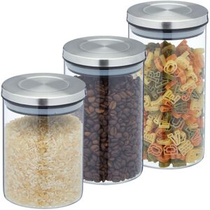 Storage Jars in Set of 3, in Different Sizes, Steel Airtight Lids, Dry Food Storage, Glass, Transparent/Silver - Relaxdays