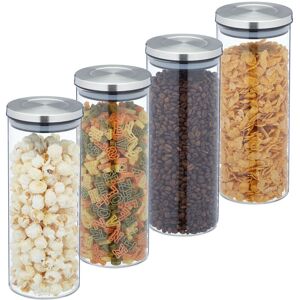 Relaxdays Storage Jars in Set of 4, 1300 ml Capacity, Steel Airtight Lids, Dry Food Storage, Glass, Transparent/Silver