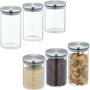 Storage Jars in Set of 6, in 3 Sizes, Stainless Steel Airtight Lids, Store Dry Food, Glass, Transparent/Silver - Relaxdays