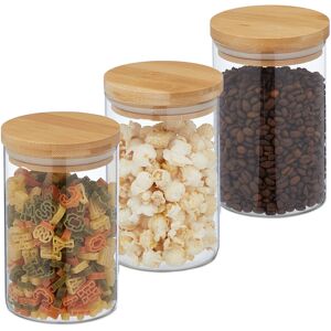 Storage Jars in Set of Three, 800ml Each, Bamboo Airtight Lids, Dry Food Storage, Glass, Transparent/Brown - Relaxdays