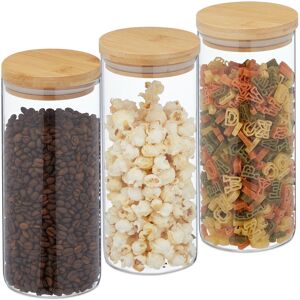 Storage Jars in Set of Three, Bamboo Airtight Lids, 1300ml Each, Dry Food Storage, Glass, Transparent/Brown - Relaxdays