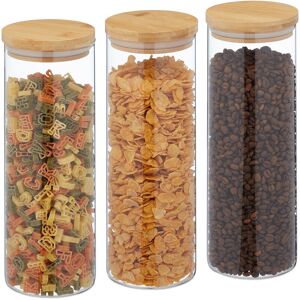 Storage Jars in Set of Three, Bamboo Airtight Lids, 1600ml Each, Dry Food Storage, Glass, Transparent/Brown - Relaxdays