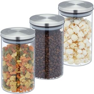 Storage Jars in Set of Three, Bamboo Airtight Lids, 800ml Each, Dry Food Storage, Glass, Transparent/Brown - Relaxdays