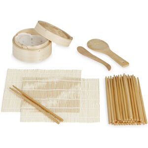 Sushi Making Set, Bamboo, 2 Mats, Steamer, 20x Chopsticks, Rice Spoon, Rice Spatula, Sushi Maker, Natural - Relaxdays