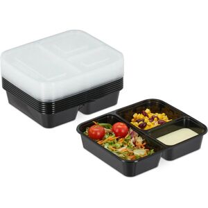 Meal Prep Containers, Set of 10, 3 Compartments, Microwave-Safe, 1000 ml, Reusable, Plastic Lunch Box, Black - Relaxdays