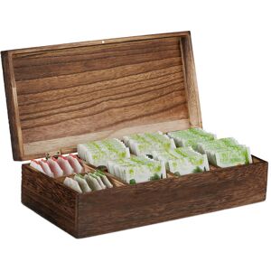 Relaxdays Vintage Tea Box, 8 Compartments for 80 Tea Bags, Wooden Chest, Flavour-Preserving, 8.5x30.5x15.5 cm, Brown