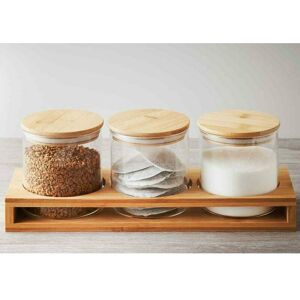 DYLEX Set Of 3 Glass Tea Coffee Sugar Jars Canisters with Bamboo Stand Kitchen Storage