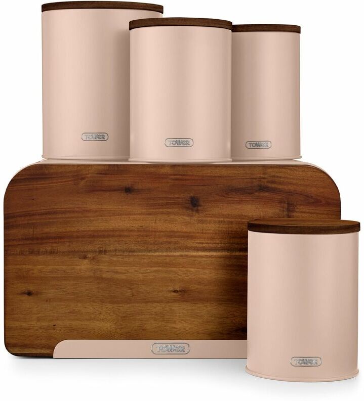 T826140PCLY Scandi 5-Piece Acacia Wood Storage Set with Bread Bin, Cracker Barrel, Jars, Pink Clay - Tower