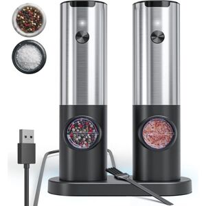 Longziming - Electric Salt and Pepper Mill Set with Rechargeable Base, Stainless Steel Salt Mill with Adjustable Coarseness, Rechargeable Salt and