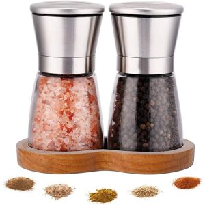 Longziming - Pepper and Salt Grinder Set, Stainless Steel Spice Mill, 2 Manual Adjustable Ceramic Grinder with Glass Body, Refillable Spices, for