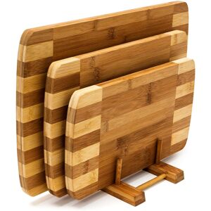 Relaxdays - Bamboo Chopping Board Set of 3 with Stand, in Various Sizes, Modern and Striped Design, Natural Brown
