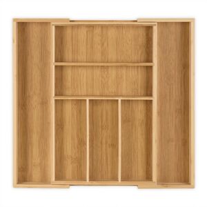 Relaxdays - Bamboo Kitchen Drawer Organiser, Adjustable Width, Cutlery Tray, 30 to 48 cm, 5 to 7 Compartments, Brown