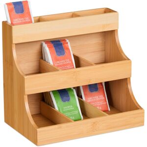 Relaxdays - Tea Box, 9 Compartments, Organiser, Bag Storage, Bamboo, hwd: 24 x 26 x 17.5 cm, Vertical Tiered Rack, Natural
