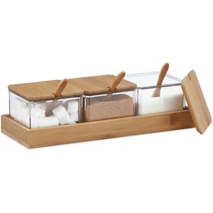 Set of 3 Spice Jars, with Tray, Spoons, Lids, Bamboo & Plastic, Container for Herbs, 11x30x13 cm, Clear/Brown - Relaxdays