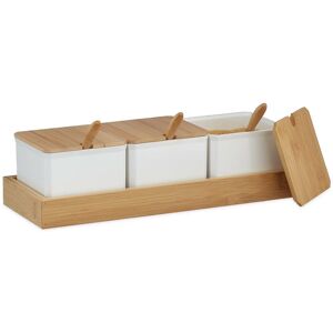 Set of 3 Spice Jars, with Tray, Spoons, Lids, Bamboo & Plastic, Container for Herbs, 11x30x13 cm, White/Brown - Relaxdays