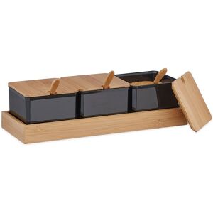 Relaxdays Set of 3 Spice Jars, with Tray, Spoons, Lids, Bamboo & Plastic, Container for Herbs, 11x30x13 cm, Black/Brown
