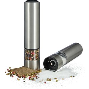 Relaxdays - Electric Pepper Mill Set, Light, Salt Grinder, Stainless Steel, Ceramic Mechanism, Battery-Powered, Silver