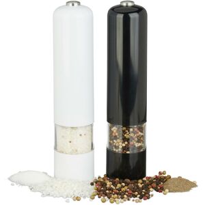 Relaxdays - Electrical Pepper Mill with Light, Set of 2, Spice Shaker, Plastic, Battery-Powered, Black/White