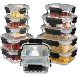 Relaxdays - Glass Containers with Lids, Set of 12, 5 Sizes, Food Storage Boxes, Meal Prep, Plastic Lids, Clear/Black