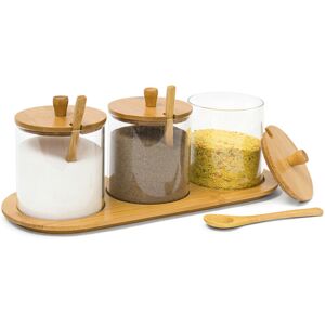 Relaxdays JIAO Bamboo Spice Preserving Glass Jar Set 12 x 31 x 12 cm Spice Holder of 3 Glass Containers with Spoons as Alternative to Spice Rack,