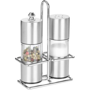 Relaxdays Salt and Spice Mill, Spice Shaker, Set of 2, Stainless Steel Stand, Salt & Pepper, Pepper Mill Grinder, Silver