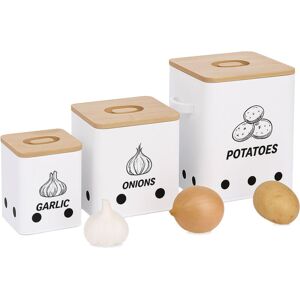 Relaxdays Potato Storage Box Set of 3 for Onions, Garlic, Metal, Bamboo Lid, Square, White/Natural