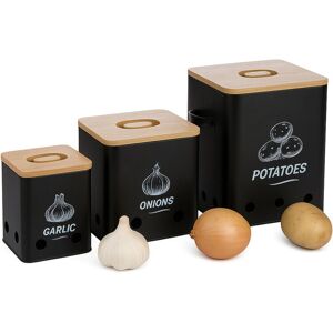 Relaxdays Potato Storage Box, Onions, Garlic, Set of 3, with Holes, Metal, Bamboo Lid, Black/Natural