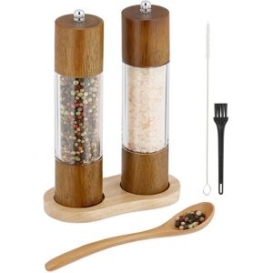 Relaxdays Salt and Pepper Mill, 6 Piece Set, Spice Grinder, Wood, Manual, Grinding Mechanism, Wooden, Brown/Transparent