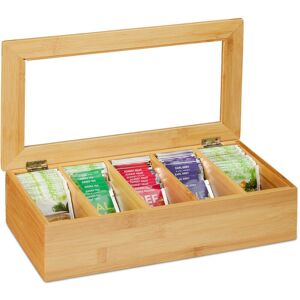 Tea Box, 5 Compartments, Organiser Chest, h x w x d: 9 x 37 x 20 cm, Bamboo, Natural - Relaxdays